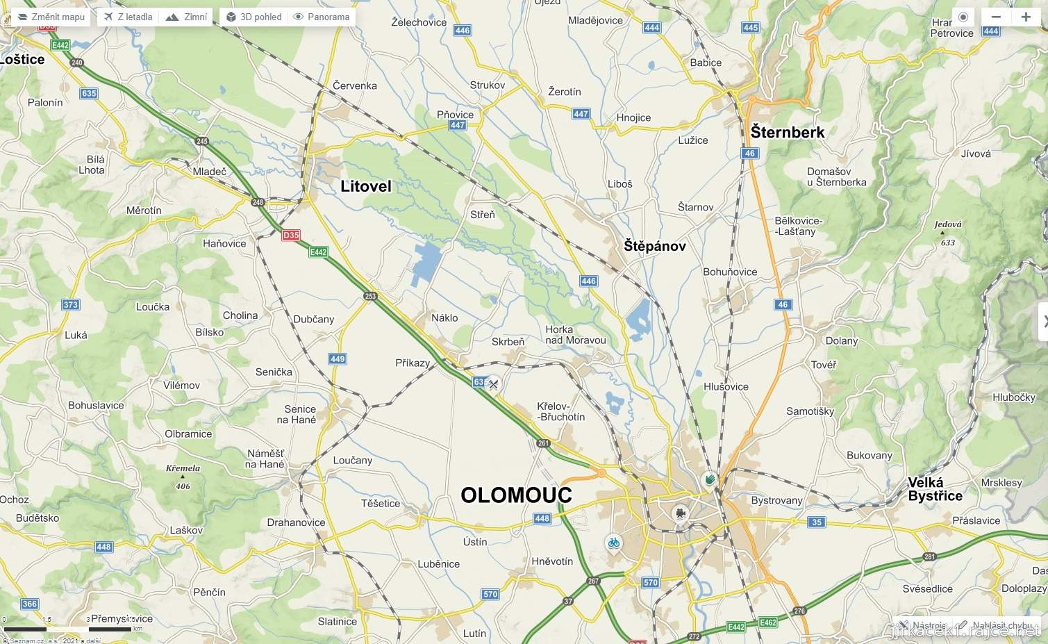 Mapa našeho výletu mezi Olomoucí a Litovlí